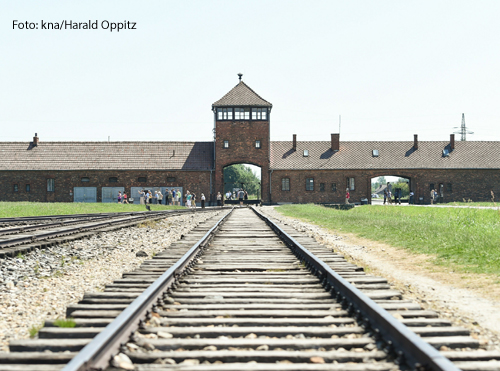 Das Bild zeigt Zugschienen, die auf das Lager Auschwitz zuführen. 