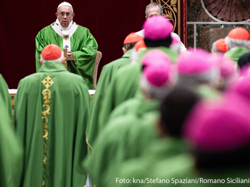 Papst Franziskus spricht vor Kardinälen. 