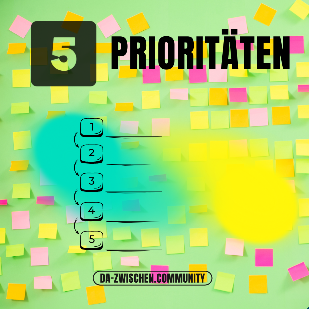 Ein Bild von einer Wand mit ganz vielen Post-its, darauf die Aufschrift: 5 Prioritäten und die Zahlen 1 bis 5