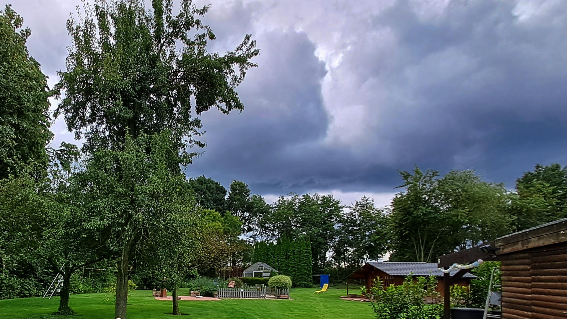 Ein dunkler Himmel über einem Garten.