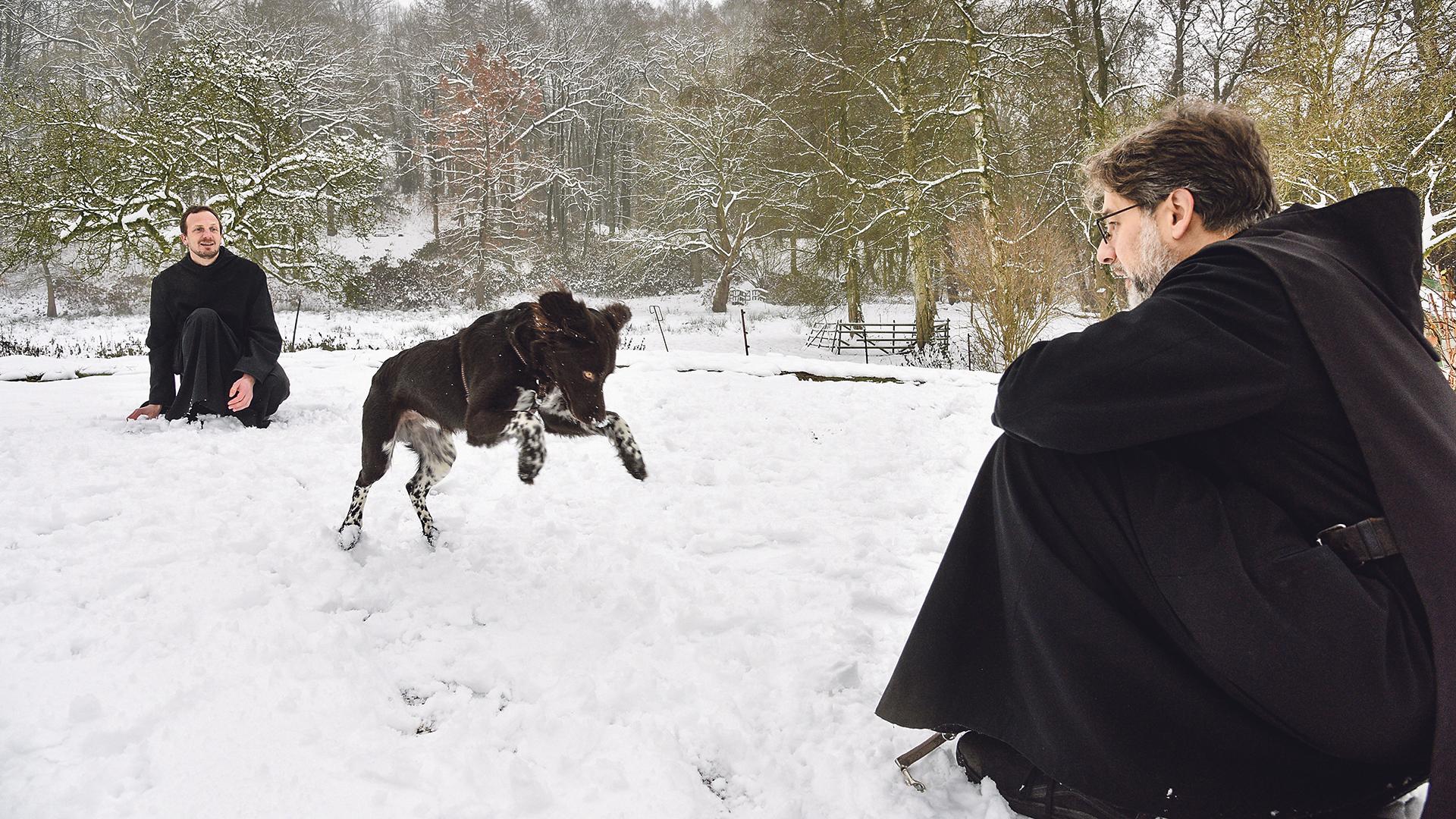 Bruder Johannes und Bruder Elija spielen mit Hund Fiete im Schnee.