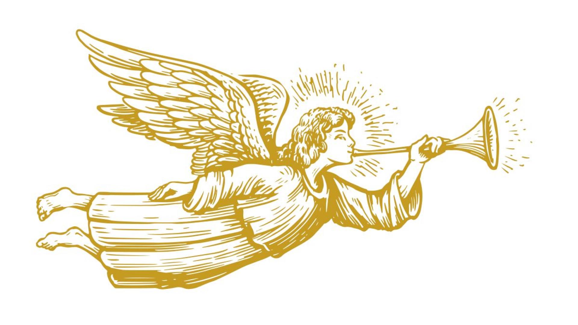 Ein Engel mit einer Fanfare verkündet den Menschen die göttliche Botschaft: Ehre sei Gott in der Höhe und Friede auf Erden den Menschen seines Wohlgefallens.
