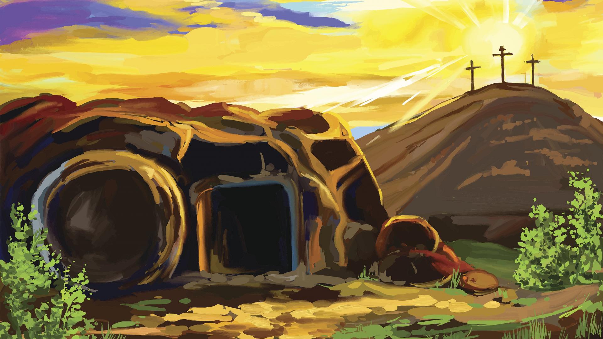 Ein gemaltes Bild von einer Höhle und einem weggewälzten Stein, im Hintergrund stehen drei Kreuze auf einem Hügel
