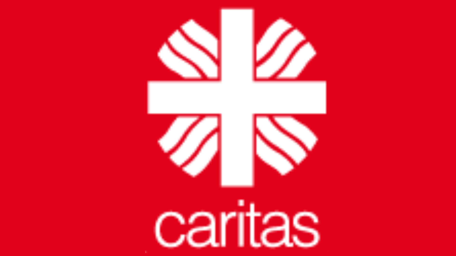 Roter Hintergrund mit weißem Caritas-Logo und Schriftzug
