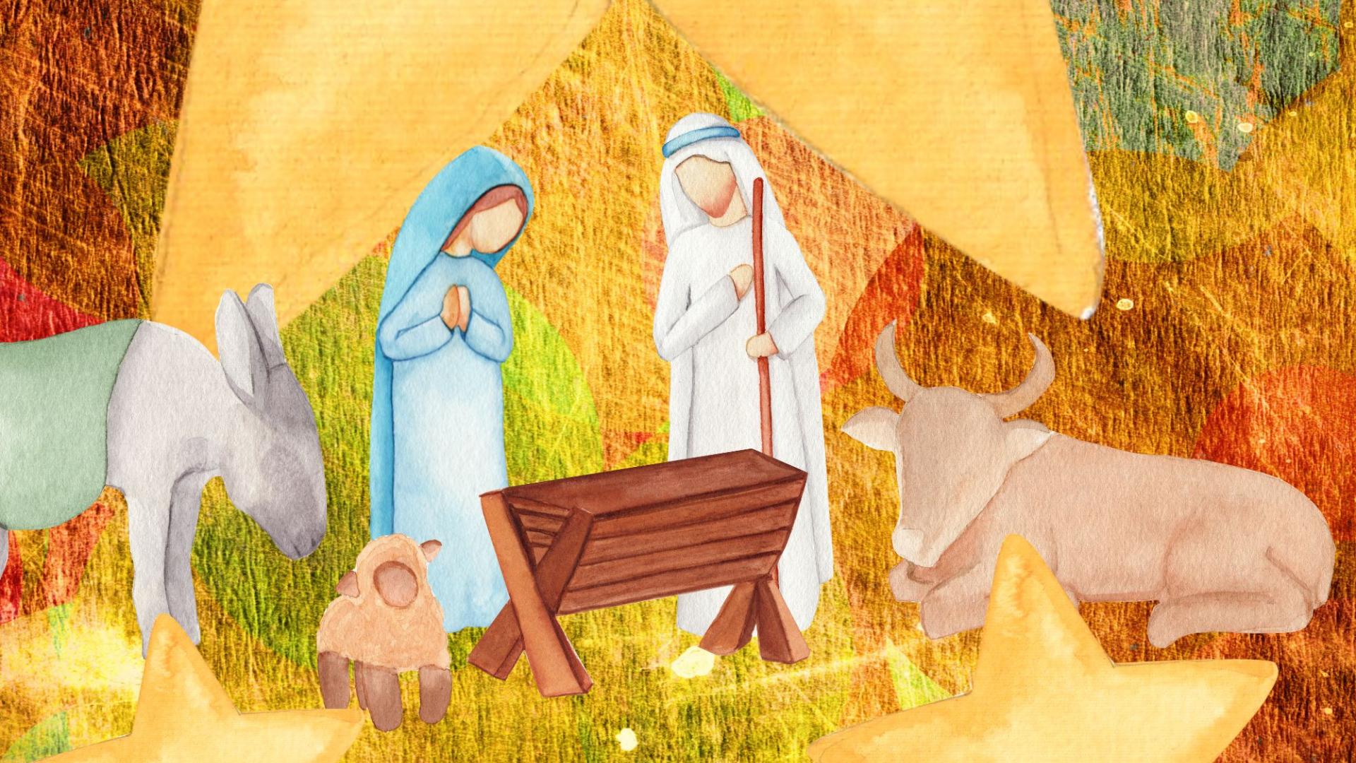 Illustration der Krippe mit Maria und Josef