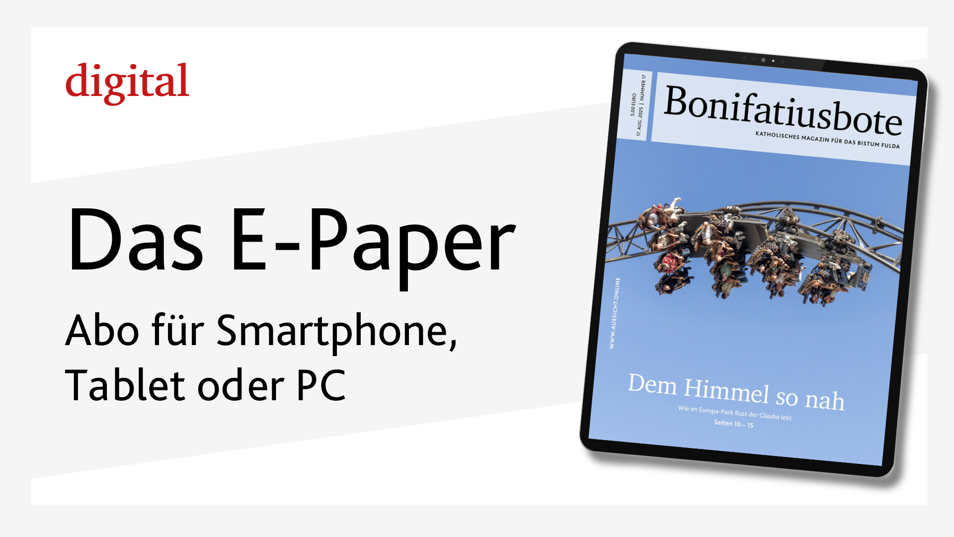 Grauer Hintergrund mit Test E-Paper und Bild Tablet mit Magazin