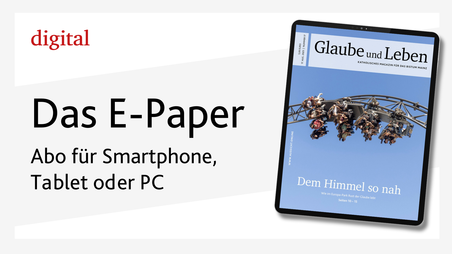 grauer Hintergrund mit Test E-Paper und Bild Tablet mit Magazin