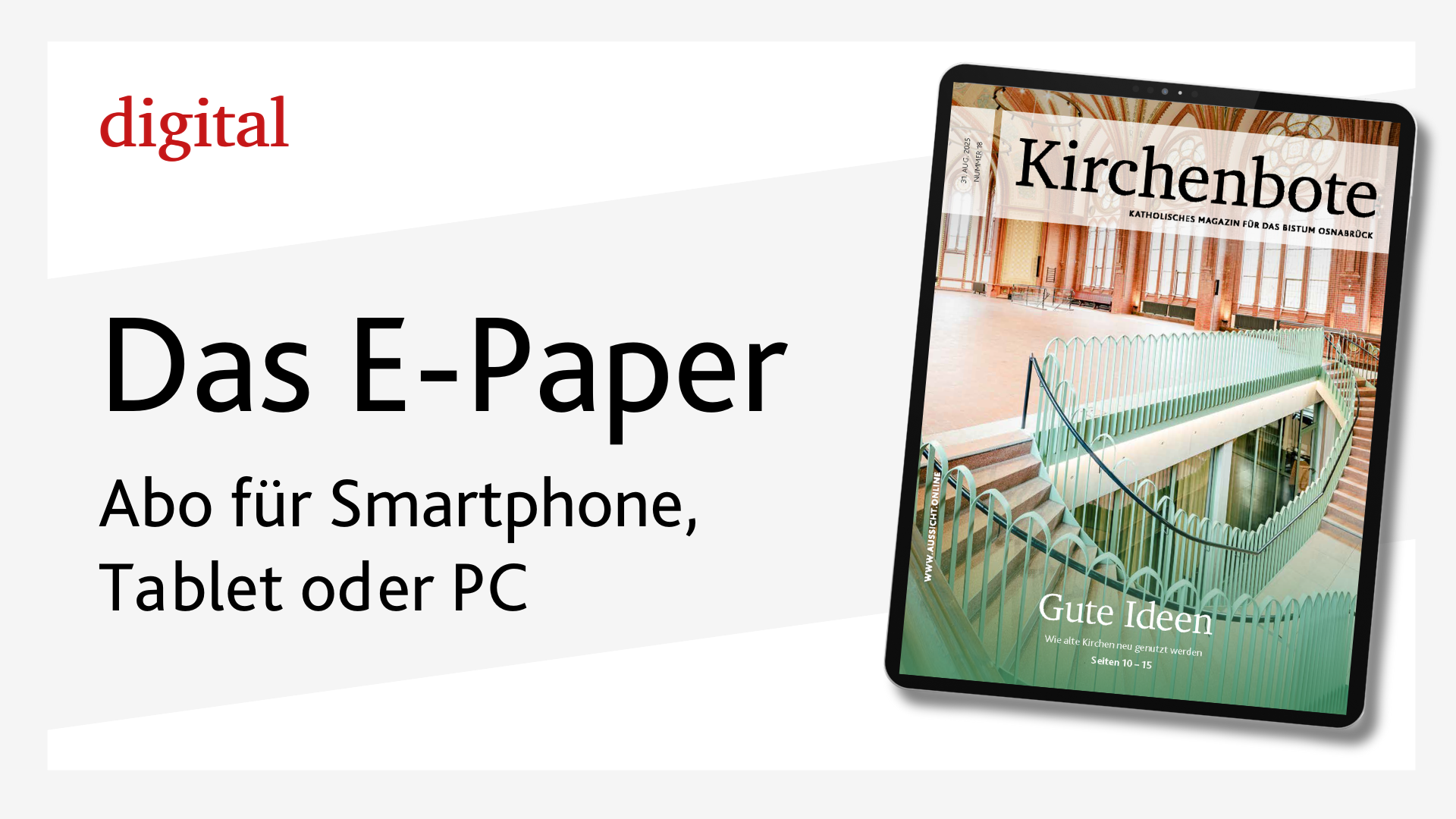 grauer Hintergrund mit Test E-Paper und Bild Tablet mit Magazin