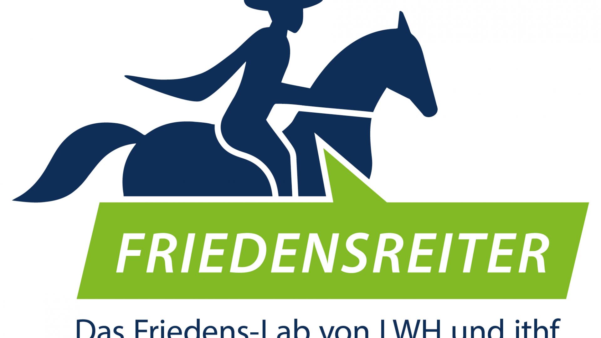 Zeichnung von einem Mann auf einem Pferd, darunter der Schriftzug Friedensreiter