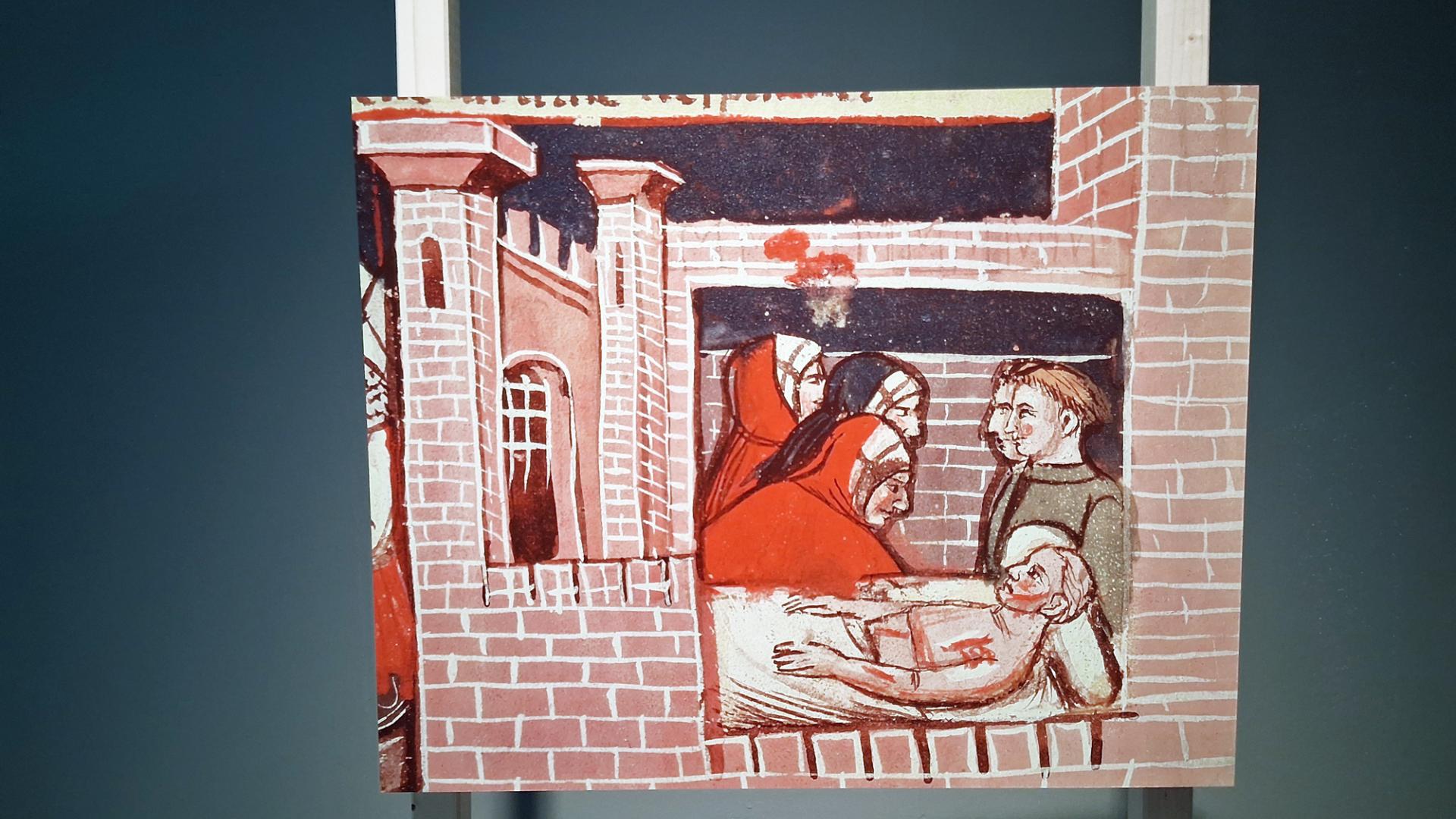 Darstellung Ordensschwestern und Mönche versorgen einen Mann.