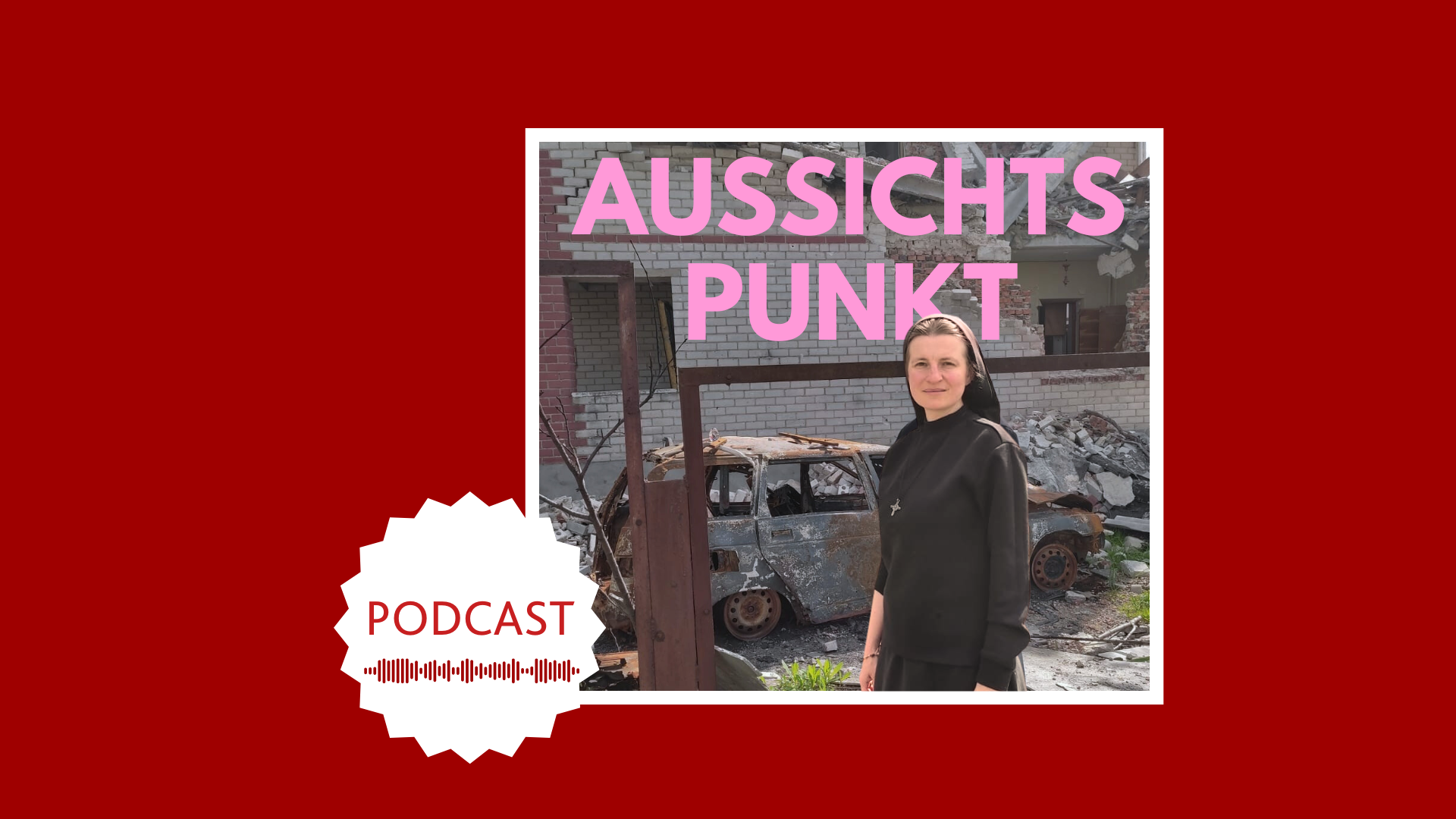 Roter Hintergrund mit Werbung für einen Podcast