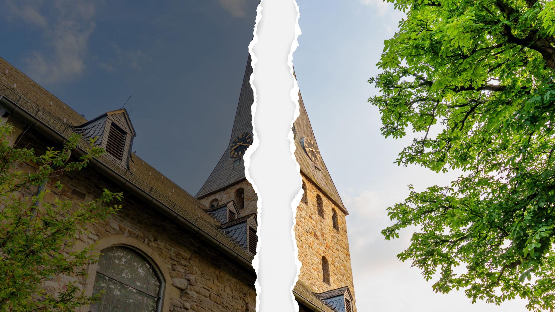 Ein Riss geht durch das Bild einer Kirche