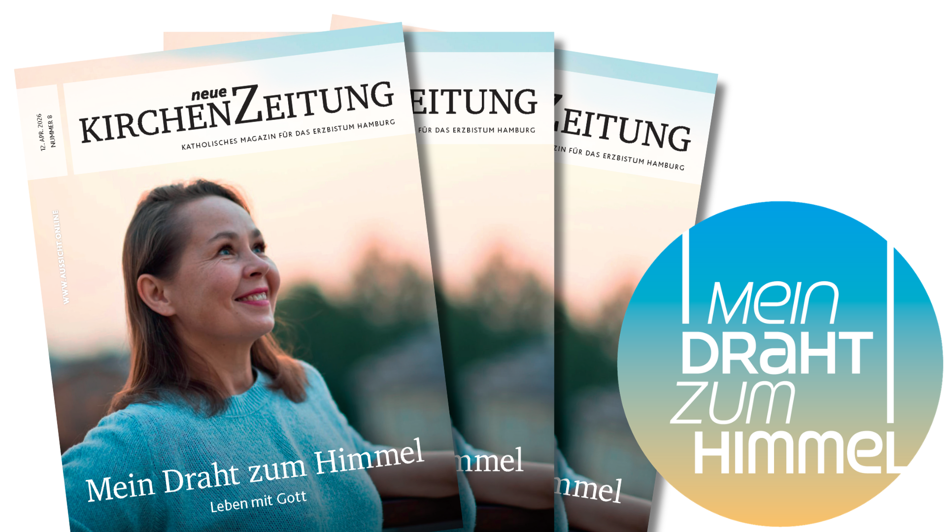 Drei Zeitungen, mit einer Frau, die in den Himmel schaut